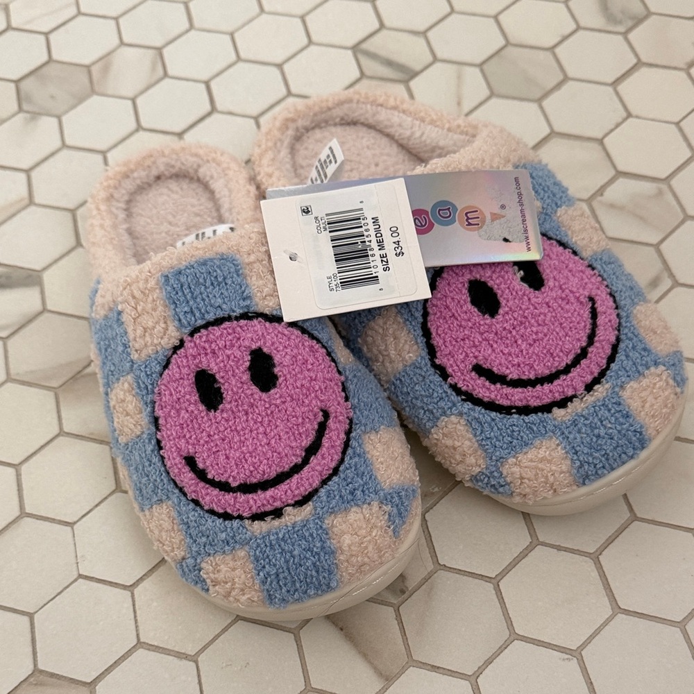 Iscream Brand Kids' Purple and Blue Smiley Face Slippers youth size 4-6 medium